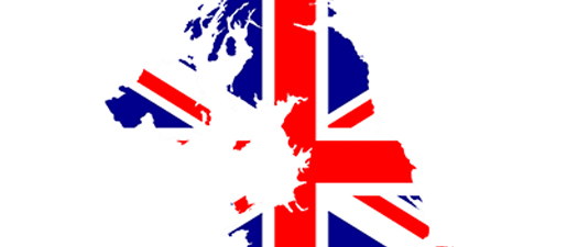 Symbolbild: Umriss der Landkarte Großbritanniens, ausgefüllt mit der britischen Länderflagge