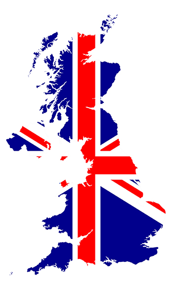 Symbolbild: Umriss der Landkarte Großbritanniens, ausgefüllt mit der britischen Länderflagge