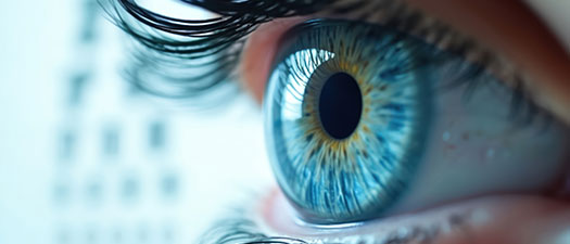 Symbolbild: Im Fokus ein Auge in der Farbe Blau. Im Hintergrund ist die Augentesttafel verschwommen abgebildet.