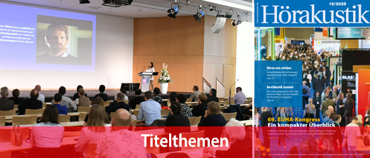 Titelseite Hörakustik und ein Foto des Auditoriums