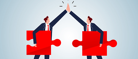 Symbolbild: Grafik von zwei Menschen in Anzügen, die große Puzzleteile unter dem Arm tragen und sich in der Luft mit den Händen abklatschen