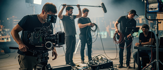 Foto: Kameramann und Tontechniker die eine Live Sendung im TV aufzeichnen.