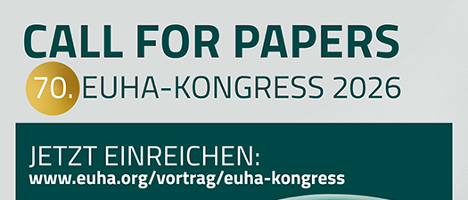 Bildbeschreibung: Plakat von EUHA mit Abbildung eines Telefons. Aufruf zum Einreichen der Vorträge für den 70. Kongress 2026.