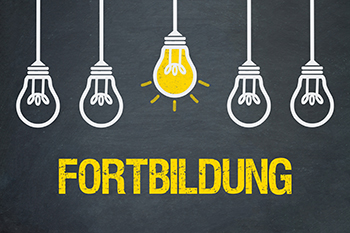Bildbeschreibung: 5 gezeichnete Glühbirnen auf grauem Hintergrund, die mittlere Glühbirne ist in Gelb ausgemalt. Darunter steht in Gelb „Fortbildung“.