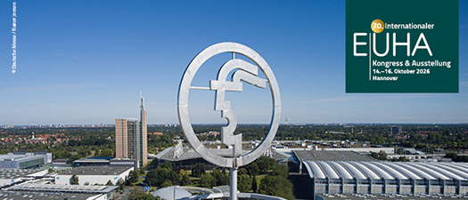 Bildbeschreibung: Auf dem Bild sieht man das bekannte Messe-Turm-Logo, das die Deutsche Messe AG symbolisiert. Oben rechts im Bild wird auf den 70. Internationalen EUHA-Kongress & Ausstellung 2026 hingewiesen, der vom 14. bis 16. Oktober in Hannover stattfinden wird.