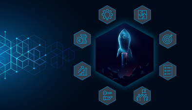 Bildbeschreibung: Infoplakat „Der Masterplan“: in der Mitte eine Rakete als Symbol für den Start der Existenzgründung. Außenherum wichtige Faktoren als Symbole, die wichtig für die Existenzgründung sind.