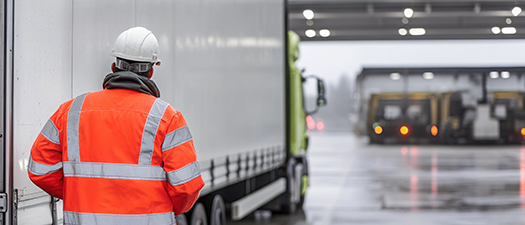 Bildbeschreibung: LKW-Fahrer von hinten fotografiert, bekleidet mit einer Warnweste bei regnerischem Wetter neben seinem LKW