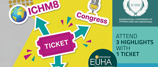 Eine Kollage kündigt den EUHA-Kongress, die 8. Internationale Konferenz zu Hyperakusis und Misophonie sowie die Fachausstellung an.
