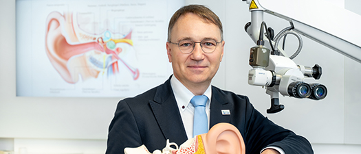 Das Foto zeigt Professor Dr. Stefan Plontke, Direktor der Universitätsklinik und Poliklinik für Hals-Nasen-Ohren-Heilkunde, Kopf- und Halschirurgie der Universitätsmedizin Halle, mit einem Ohrmodell.